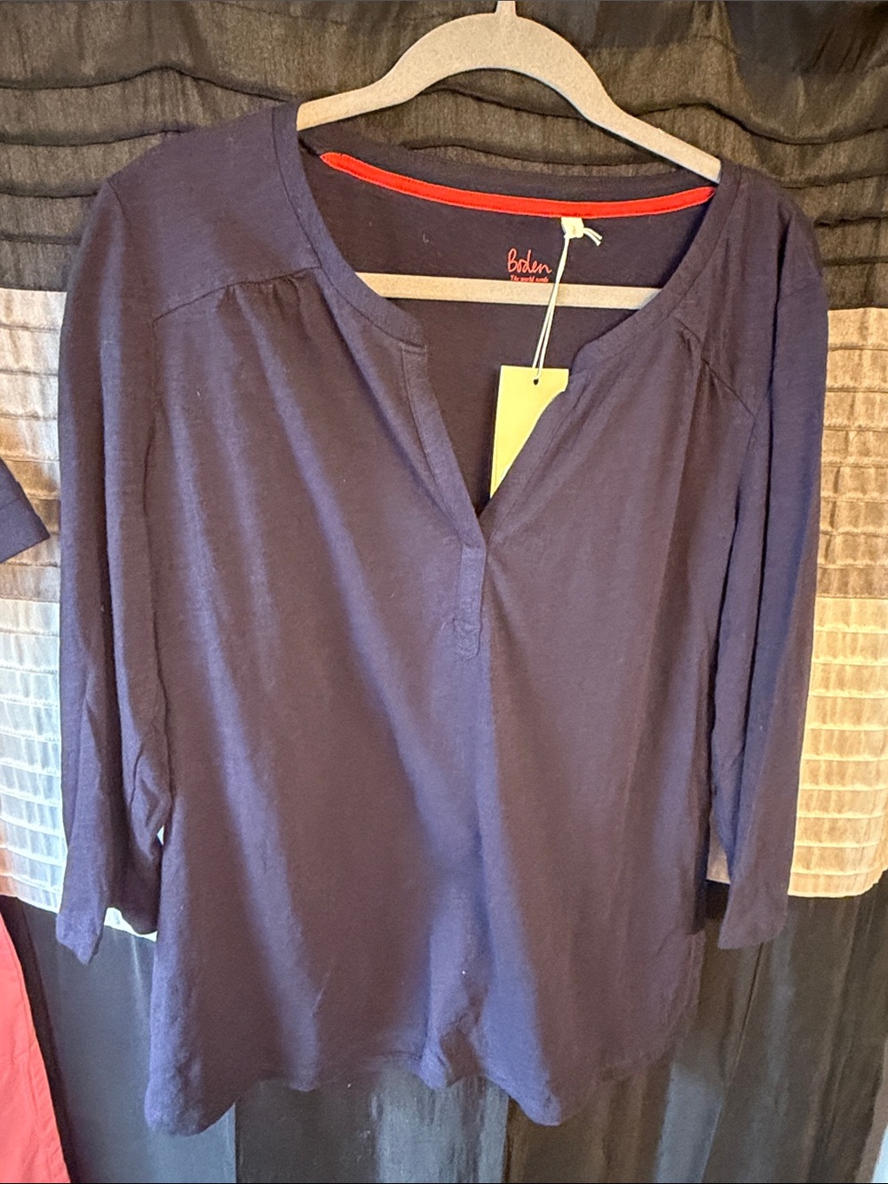 Boden Dark Navy Split-Neck 3/4 Sleeve Top